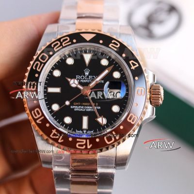 Perfect Replica KS Factory Swiss 2836 Rolex GMT Master II Watch - Two-Tone Rose Gold Black Dial 